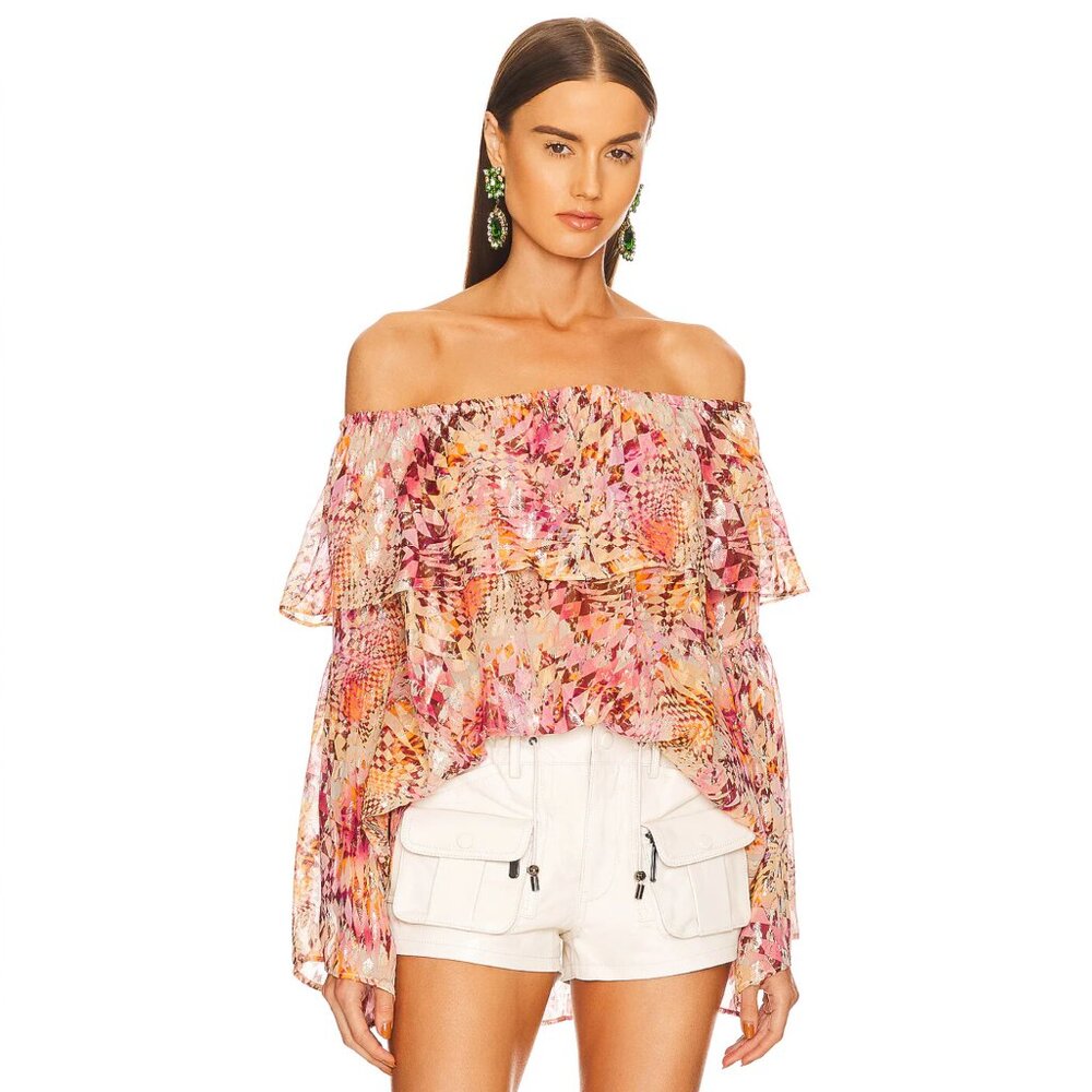 DUNDAS x REVOLVE Metallic Silk Tiered Off Shoulder Luna Top in Optic Geo